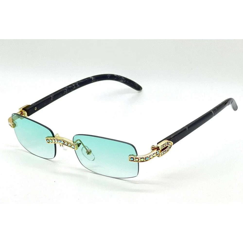 Rimless Sunglasses‎ Green Lens Rhinestone Accents Fashion Shades Diamond Shades